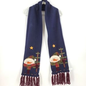 Snowman Embroidered Fleece Fringe Hem Winter Neck Scarf Unisex Navy Blue
